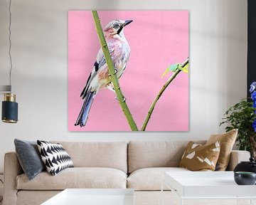 Vlaamse gaai (roze achtergrond) van Art by Jeronimo