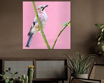 Vlaamse gaai (roze achtergrond) van Art by Jeronimo