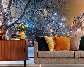 Snowy winter evening view in Zwolle at night by Sjoerd van der Wal Photography