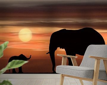 Olifanten zonsondergang in silhouet van Marcel van Balken
