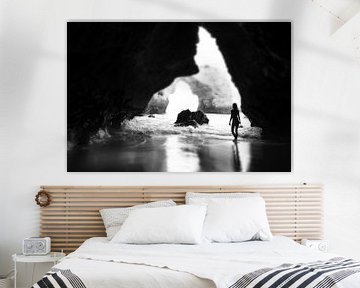 Algarve, girl in sea cave, black white by Robert-Jan van Lotringen