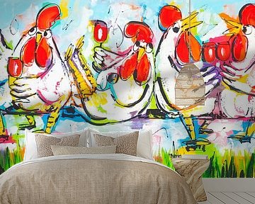 Kippen Plezier op de Tandem | Panorama van Vrolijk Schilderij