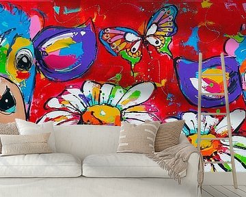 Happy Cows | Flower Girls | Panorama by Vrolijk Schilderij