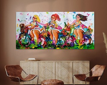 Dames op de fiets II van Vrolijk Schilderij