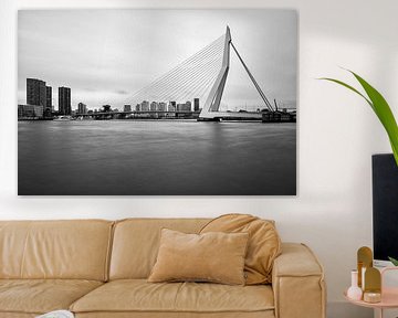 Black-and-white photo of the Erasmus Bridge by Mark De Rooij