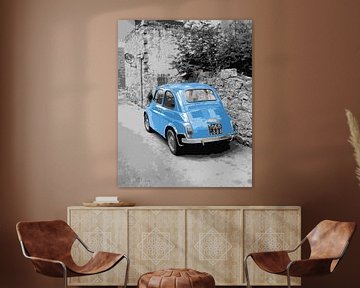 FIAT 500 in light blue in a black and white street scene by iPics Photography
