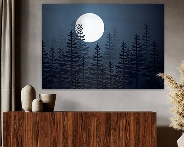 La lune brille à travers les arbres.