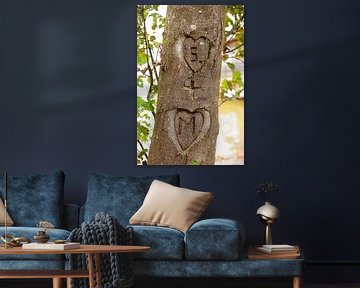 two hearts with initials, carved in a tree bark by SusaZoom
