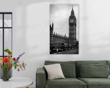 Big Ben and Hackney carriage black cab taxi in black and white by iPics Photography