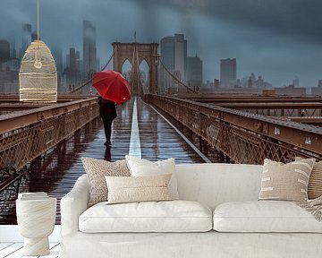 Frau mit rotem Regenschirm auf der Brooklyn Bridge in New York von Nico Geerlings