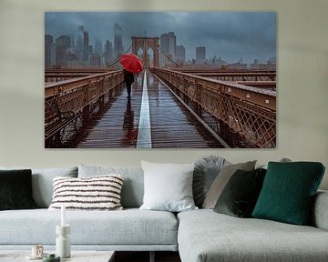 Woman With Red Umbrella On The Brooklyn Bridge In New York