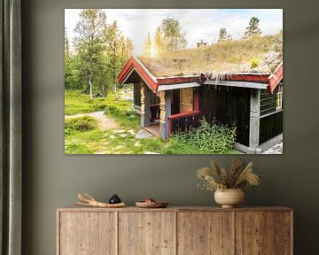 Norwegian log cabin at sunset sur Christein van Hoffen