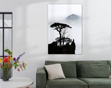 Silhouet van een dennenboom in Huangshan van Simon Hazenberg