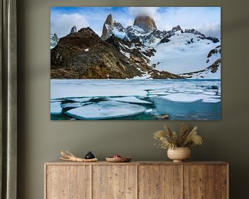 Mountain landscape at Fitz Roy with lake and ice floes by Max Steinwald