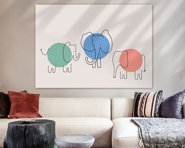 Trois éléphants, abstraits, minimalistes et colorés. sur Charlotte Hortensius