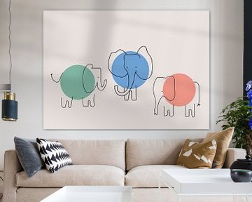 Drie olifanten, abstract, minimalistisch en kleurrijk. van Charlotte Hortensius
