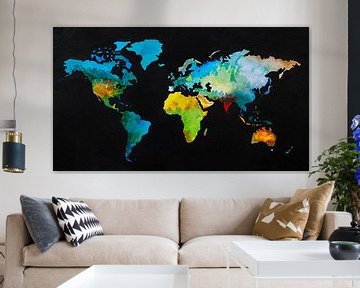 Wereldkaart in aquarel en Zwarte inkt van WereldkaartenShop