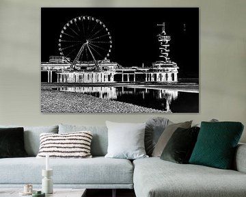 Pier von Scheveningen mit dem Bungy Tower und dem Riesenrad (Schwarz-Weiß-Negativ)