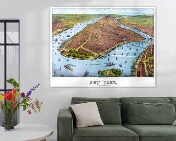 New York uit 1879, Oude poster met een afbeelding van de stad en het eiland in Amerika van Atelier Liesjes