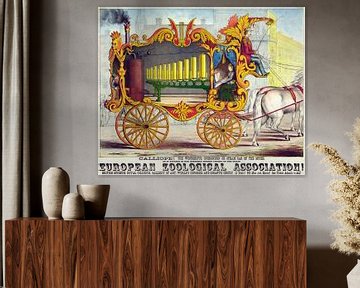 Altes Plakat einer Dampfmaschine, gezogen von einem Pferd von 1874