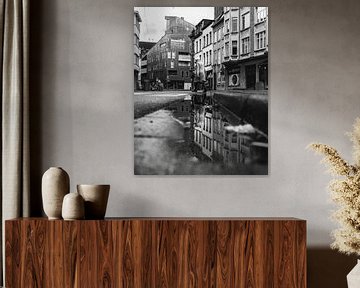 Reflectie in een plas - Antwerpen van Perry Dolmans