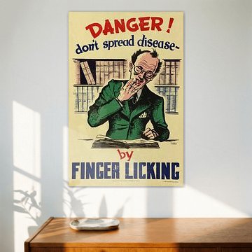 Informationsposter zur Verhinderung der Ausbreitung von Krankheiten durch Fingerlecken ab 1950 von Atelier Liesjes