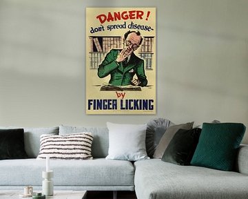 Informatieposter om verspreiding van ziekten tegen te gaan door niet aan vingers te likken uit 1950 van Atelier Liesjes