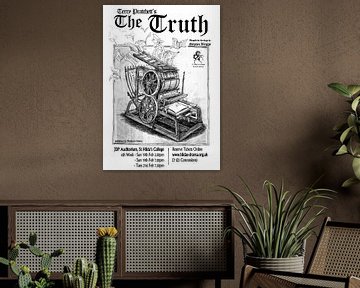 Werbeplakat des Stückes Die Wahrheit mit einer Druckerpresse