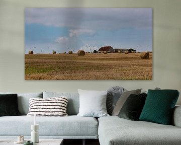 Farm on Hill in England surrounded by hay bales