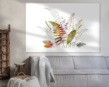 Varenbladeren, vuurkruid, lavendel bosboeket - botanische illustratie in retro pastelkleuren van Dina Dankers