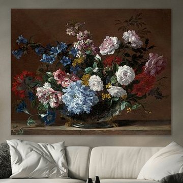 A still life of flowers in a silver vase on a stone ledge, Jean-Baptiste Monnoyer