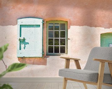 Raam met groene luiken en oude deur in een landelijke boerenwoning in Frankrijk van Dina Dankers