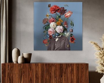 Zelfportret met bloemen 3 (blauwe achtergrond)
