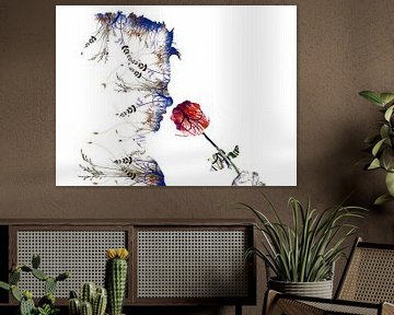 Bloem. Ruiken aan een roos. Modern en abstract. Witte achtergrond. van Erik Bertels