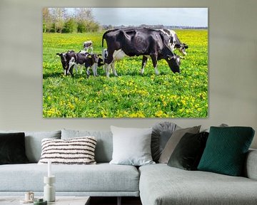 Koeien met pasgeboren kalfjes in bloeiende wei  van Ben Schonewille