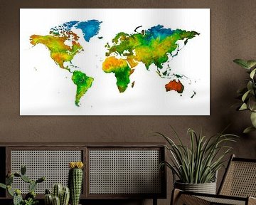 Carte du monde à l'aquarelle | Peinture artisanale sur WereldkaartenShop
