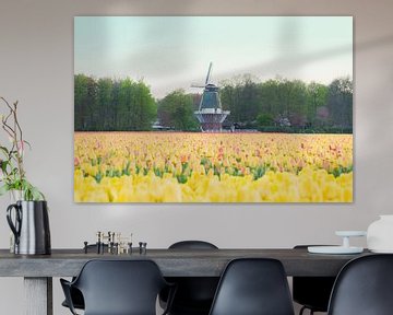 Windmolen en een veld met gele tulpen van Stefanie de Boer