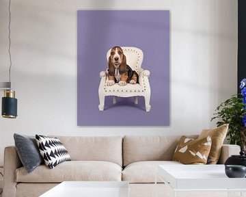 Basset puppy in een stoeltje / Cute basset hound puppy on a white baroque chair on a lavander p van Elles Rijsdijk