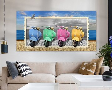 Colorful scooters in nostalgia framing