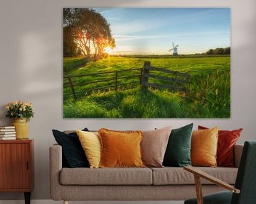 Landscape, sunset white windmill sur Marcel Kerdijk