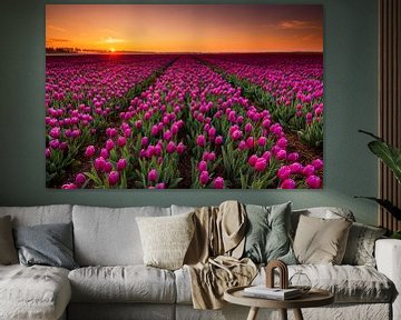 Paarse tulpen en een schitterende zonsopkomst van Jenco van Zalk