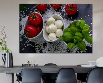 Tomatoes with fresh basil in bowls