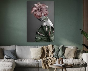 Collage van vrouw met hibiscusbloem en monsterablad van Dreamy Faces