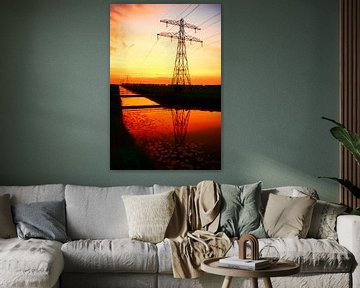 Oranje zonsopkomst met lijnenspel