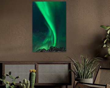Noorderlicht of Aurora Borealis over de Lofoten eilanden in Noord-Noorwegen van Sjoerd van der Wal