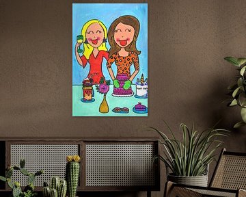 Vrolijk schilderij van meiden die bakken van Schildermijtje Shop