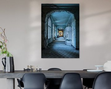 Blue corridor with doors and windows by Inge van den Brande