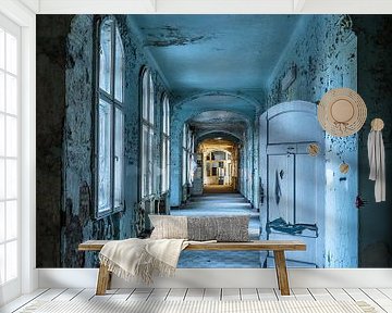 Blue corridor with doors and windows by Inge van den Brande