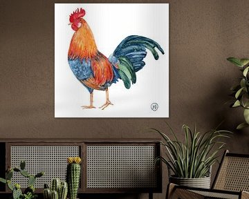 Coq, aquarelle colorée sur Studio Heyki