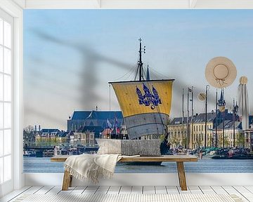 Kamper Kogge historische zeilboot op de IJssel in Kampen van Sjoerd van der Wal Fotografie